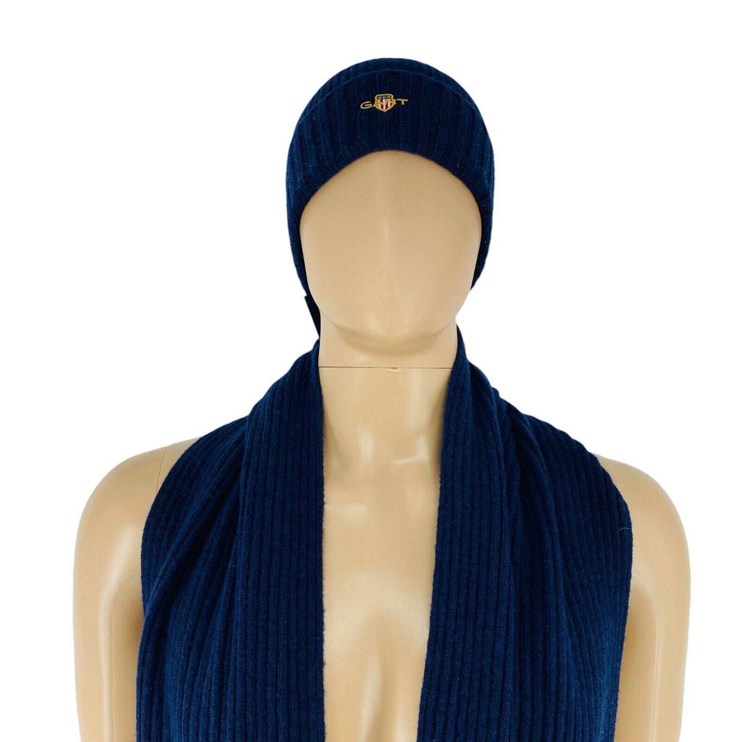 GANT Dark Blue Unisex Teen Wool Knit Hat Beanie Scarf Gift Set Size L - XL