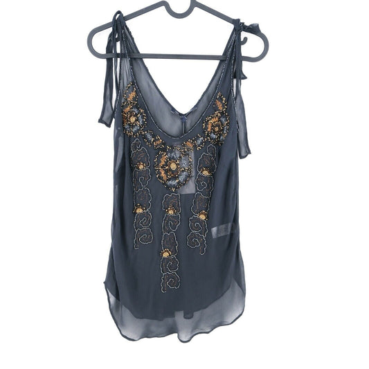 FRENCH CONNECTION Black Transparent V Neck 100% Silk Tank Top Size 12 - M