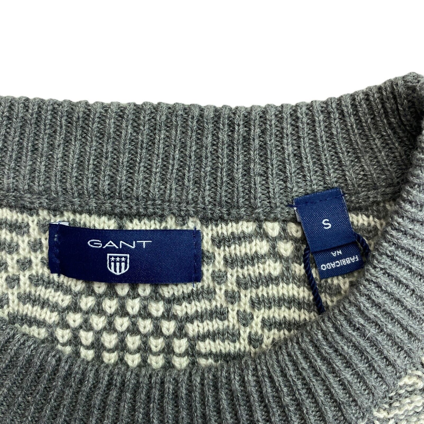 GANT Pullover mit Rundhalsausschnitt, grau, Baumwolle und Wolle, Argyle-Muster, Größe S