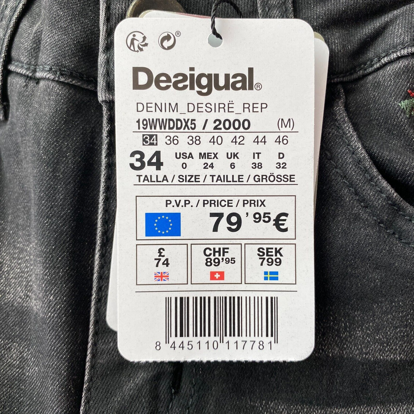 Desigual DESIRE Women Dark Grey Skinny Fit Cuffed Jeans EUR 34 UK 6 US 0 W22