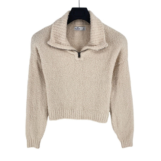 HOLLISTER Women Beige Soft High Zip Neck Sweater Jumper Size M