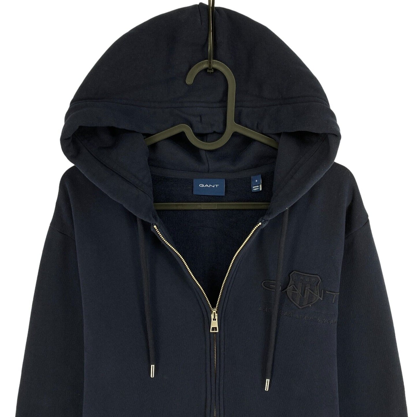 GANT Navy Blue Tonal Archive Shield EMB Full Zip Hoodie Sweater Pullover Size S