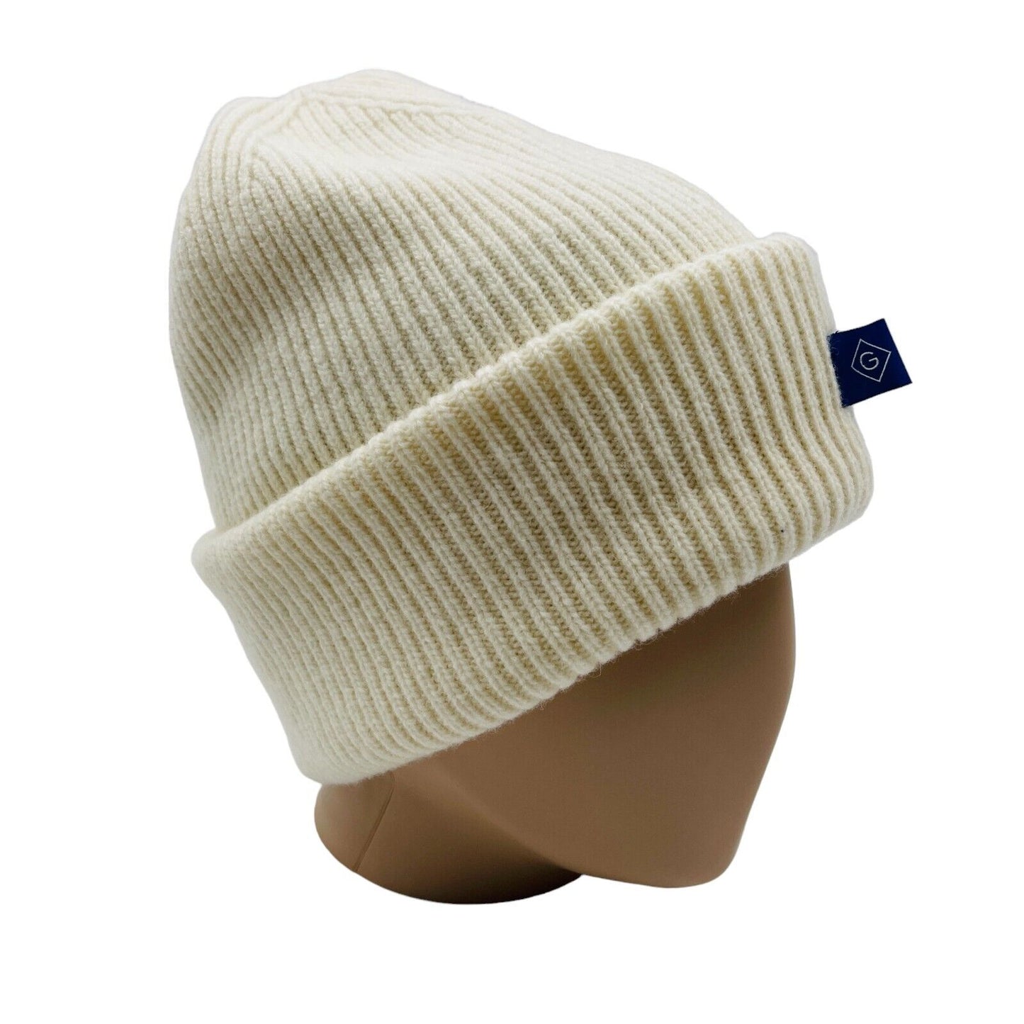 GANT Cream White Wool Blend Rib Knit Beanie Hat One Size