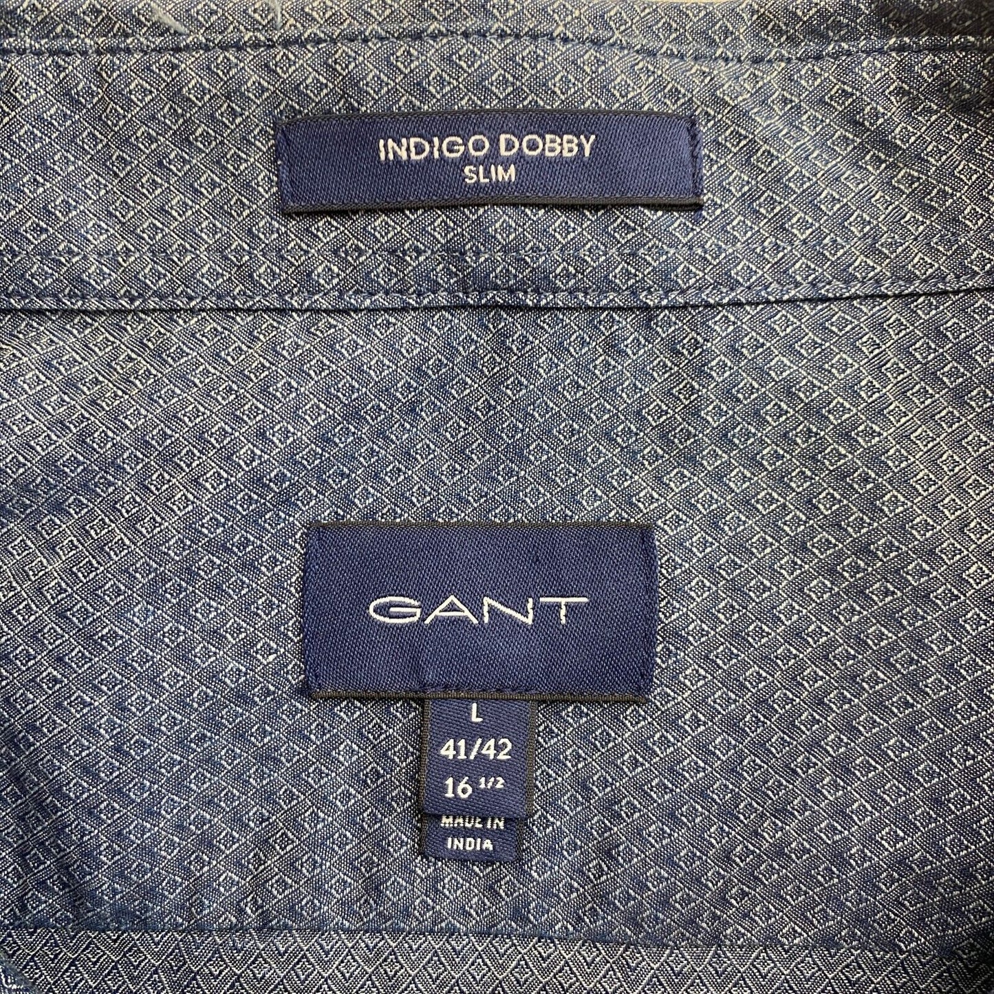 GANT Navy Blue Tech Prep Indigo Dobby Slim Fit Shirt Size L 41/42 16.5