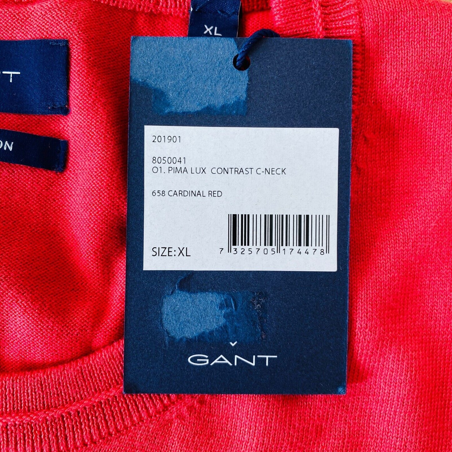 GANT Mens Light Red Pima Lux Contrast Crew Neck Sweater Jumper Size XL