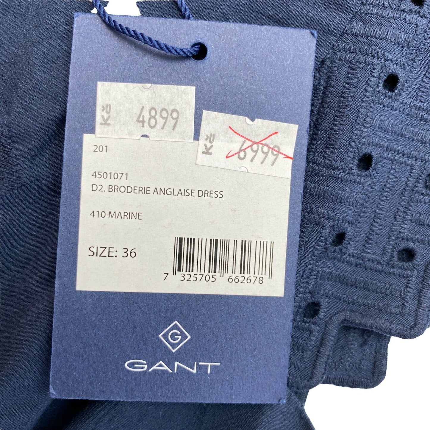 GANT Marineblaues Kleid mit Rundhalsausschnitt und Lochstickerei, Größe EU 36, UK 8, US 6