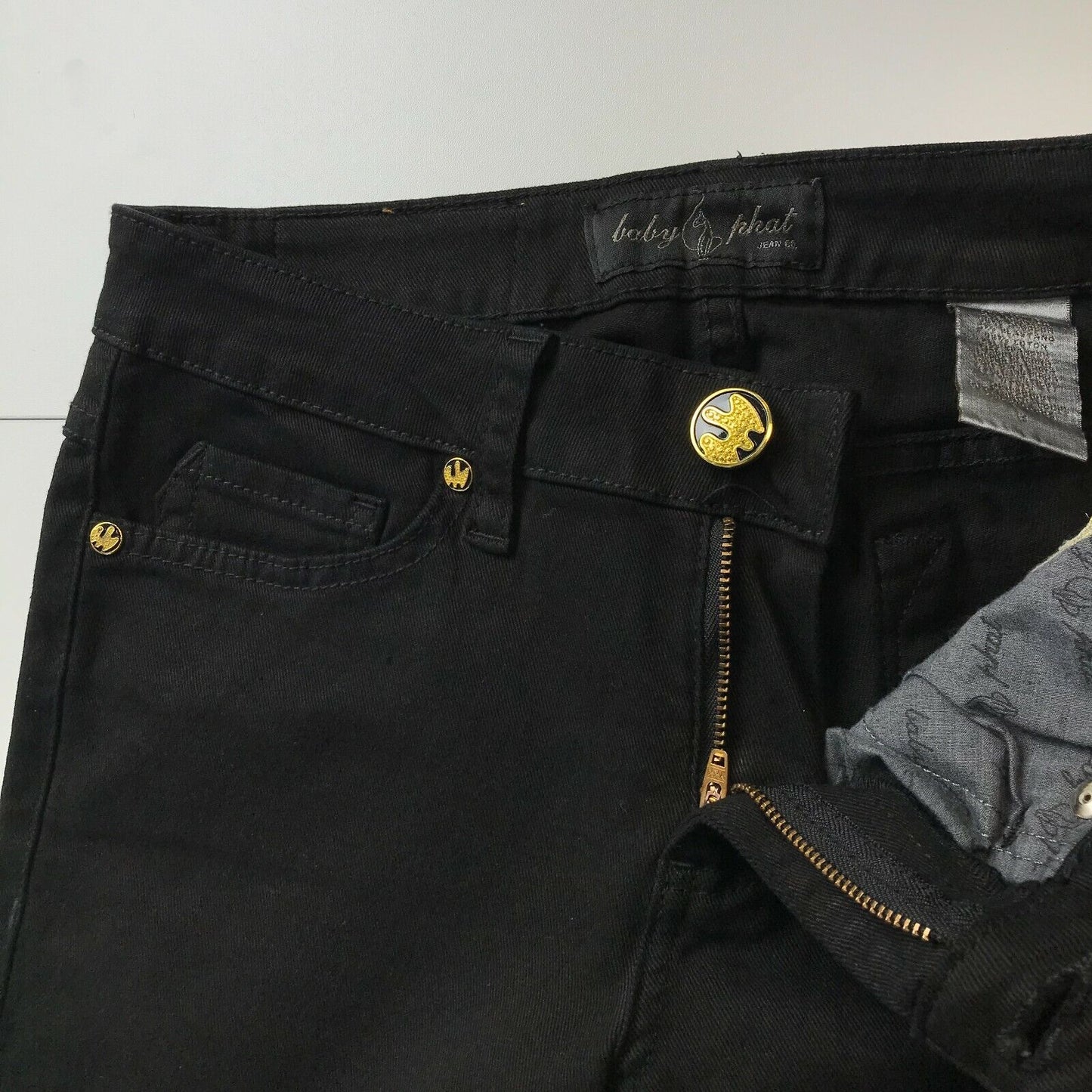 BABY PHAT Damen-Jeans, Stretch, reguläre Passform, schwarz, Größe 5 W29