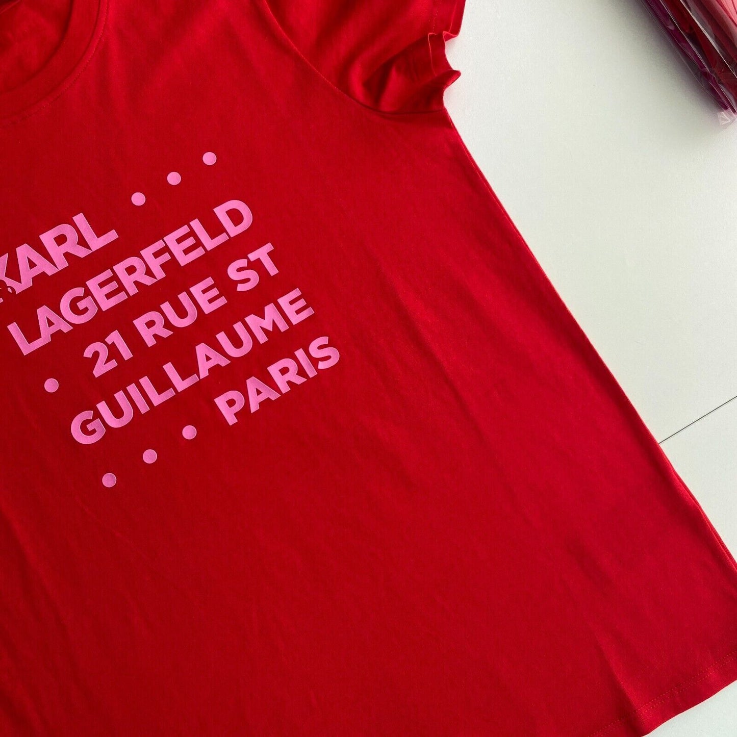 Karl Lagerfeld Red Stacked Logo Address Crew Neck T Shirt Size S