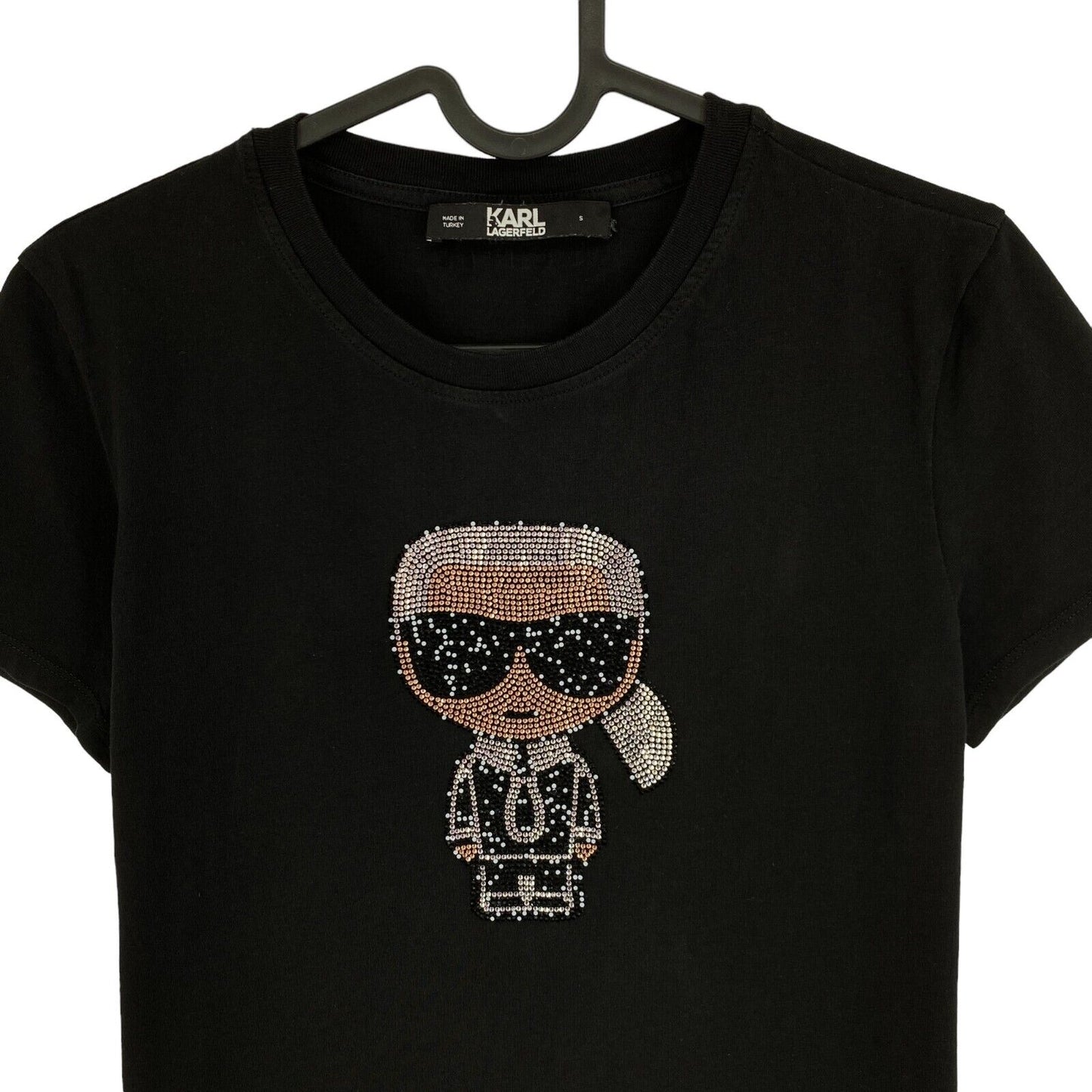 Karl Lagerfeld Schwarzes Ikonik Strass Karl Rundhals-T-Shirt Größe S