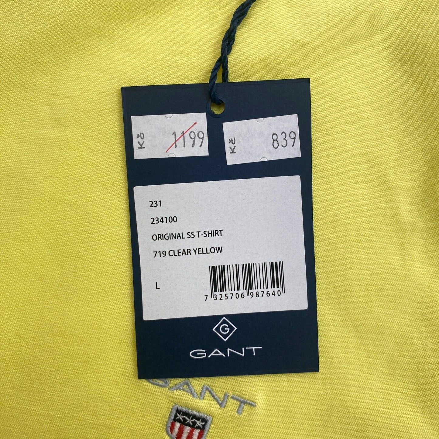 GANT Men Yellow Original Crew Neck Short Sleeves T Shirt Size L