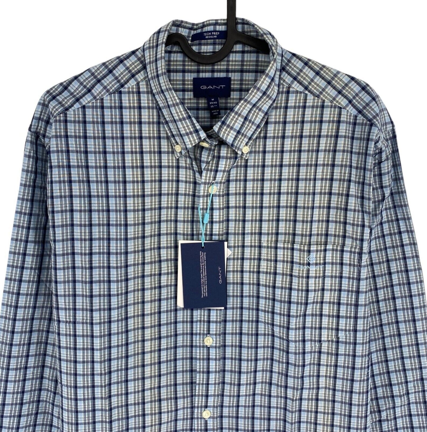 GANT Blue Tech Prep Indigo Check Regular Fit Shirt Size M 39/40 15.75