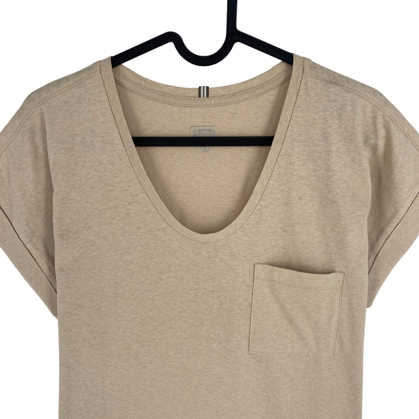 Camel Active Women Beige Pocket Cotton Linen V Neck Short Sleeves T Shirt Size S