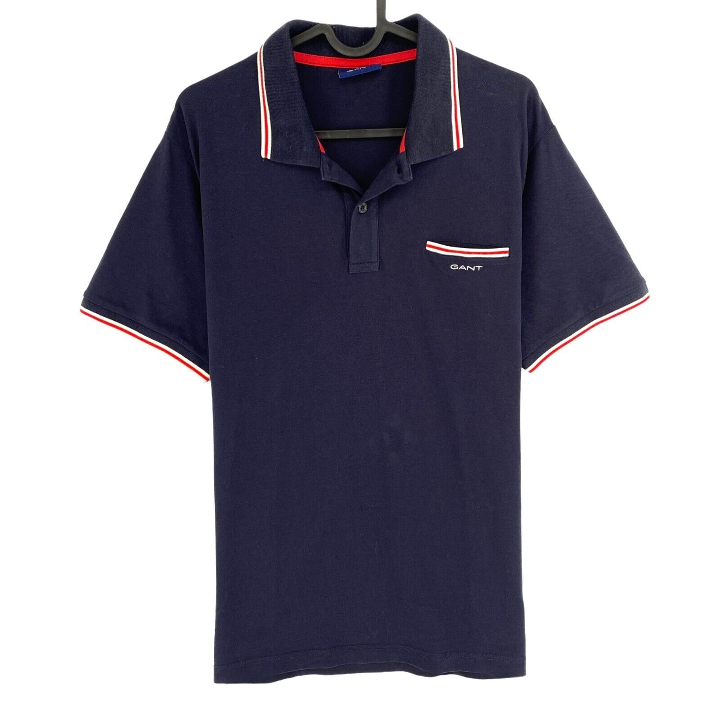 GANT Men Navy Blue 3-Col Tipping Solid Pique Rugger SS Polo Shirt Size L