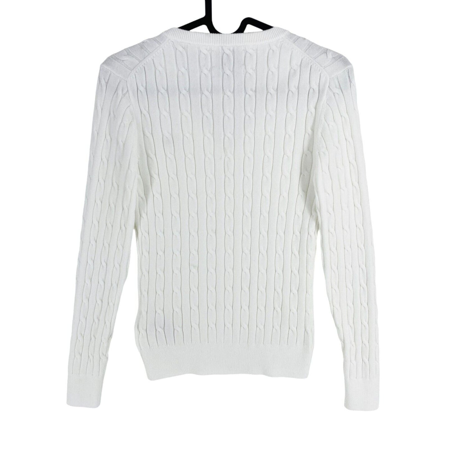 GANT Women White Stretch Cotton Cable Knit V Neck Jumper Sweater Size S