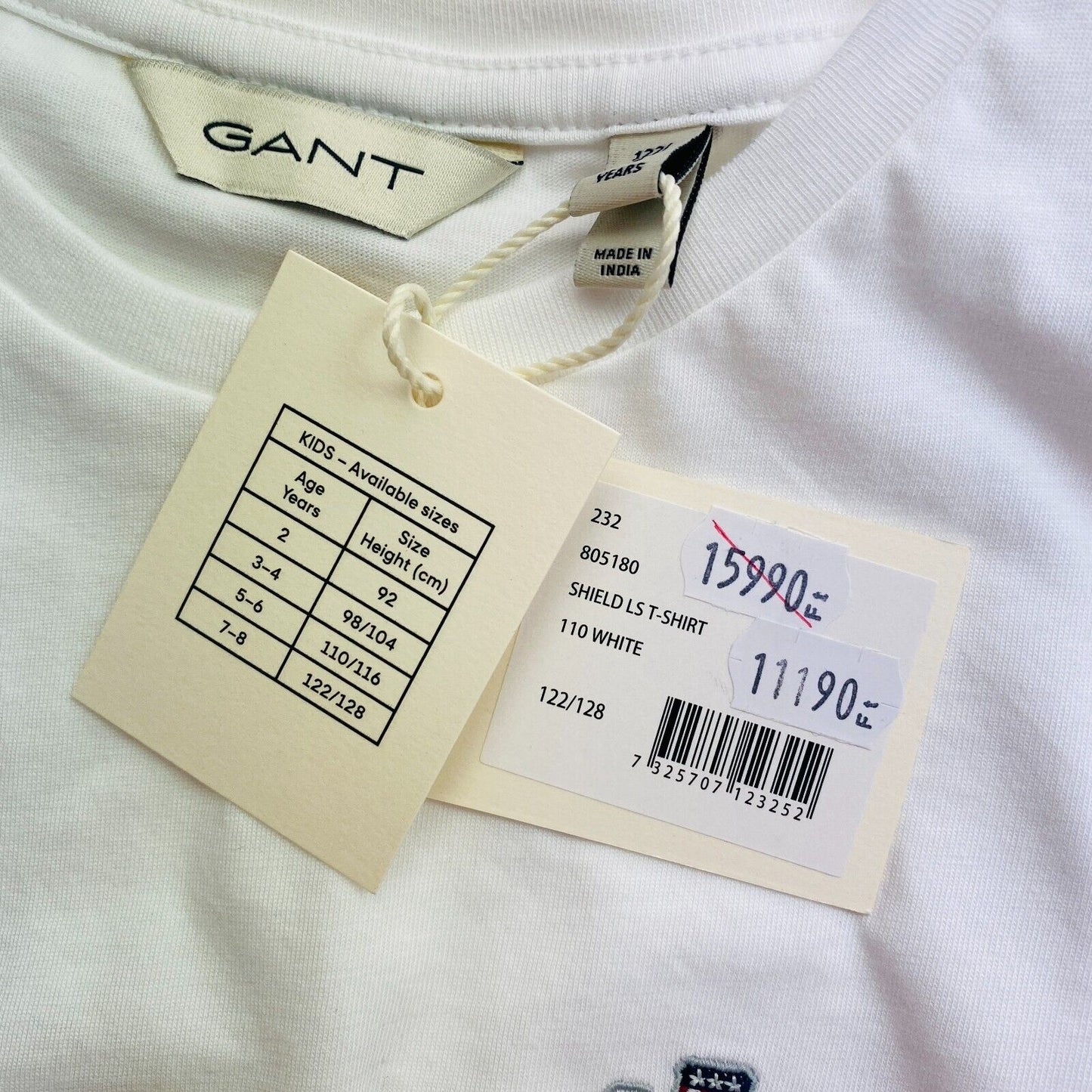 GANT Unisex Kids White Shield Crew Neck T-Shirt Size 122/128 cm 7-8 Years