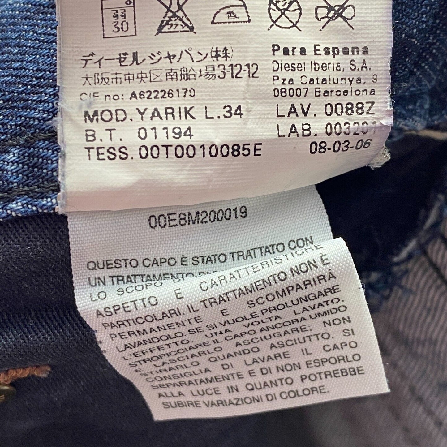 Diesel YARIK Blue Regular Straight Fit Jeans W30 L34 Made In Italy