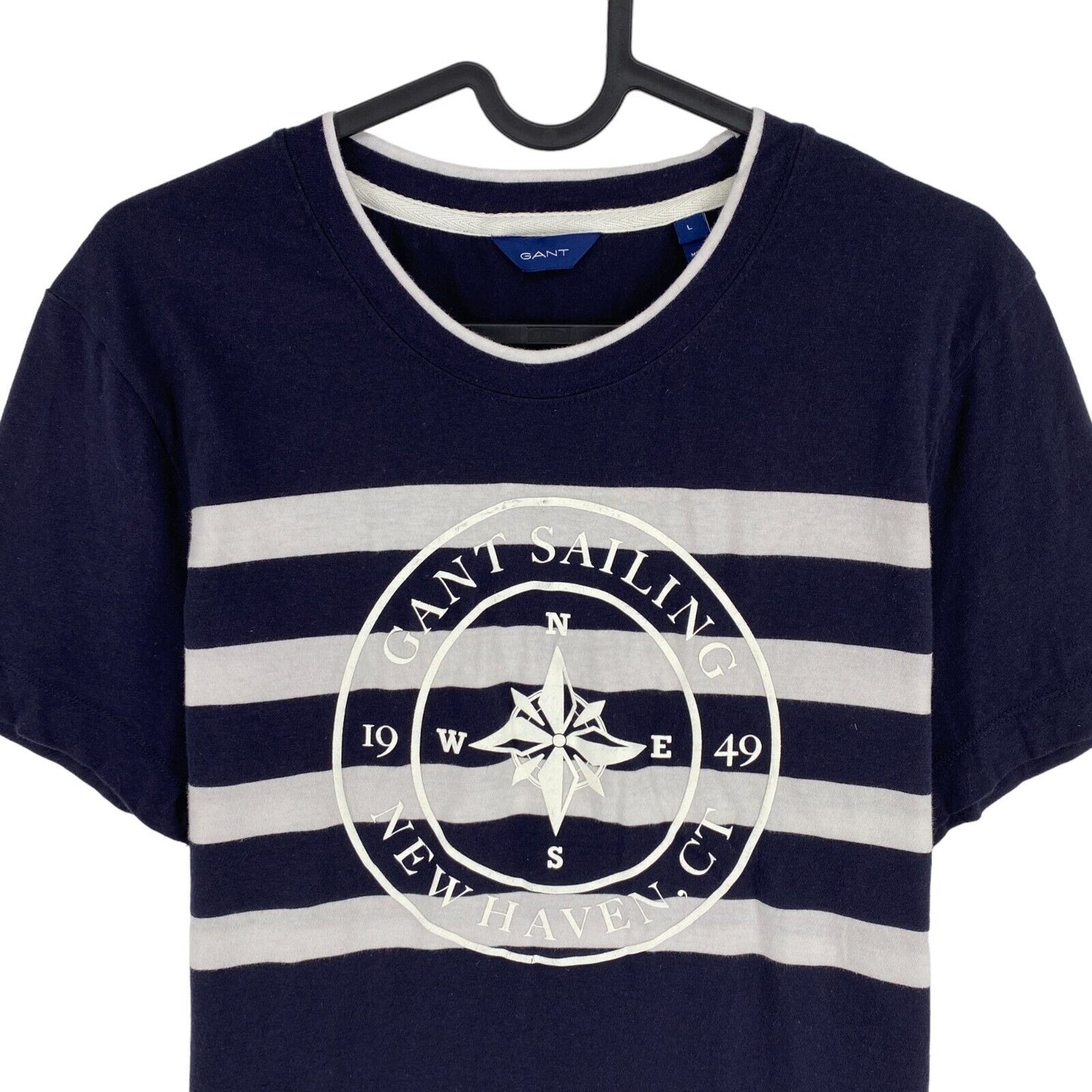 GANT Women Navy Blue Stripe Print Crew Neck Short Sleeve T Shirt Size L