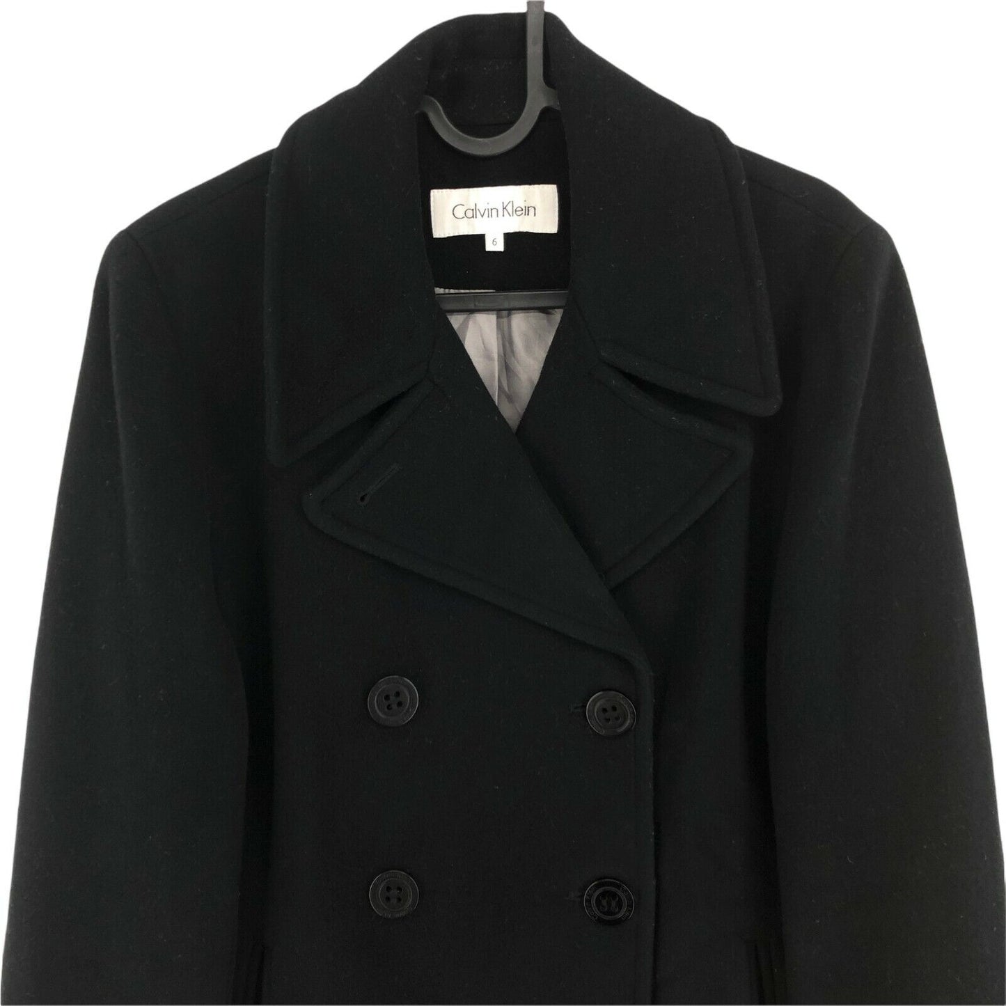 CALVIN KLEIN Black Wool Cashmere Blend Pea Coat Jacket Size EU 36 UK 8 US 6