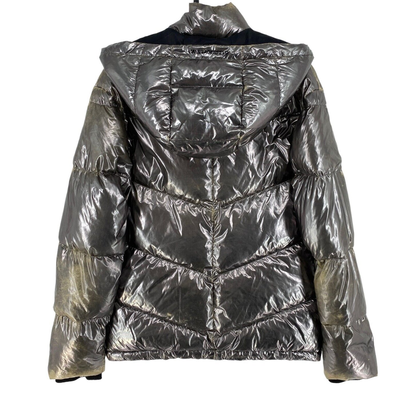 RRP $595 KARL LAGERFELD Grey Metallic Down Hooded Puffer Jacket Coat Size S