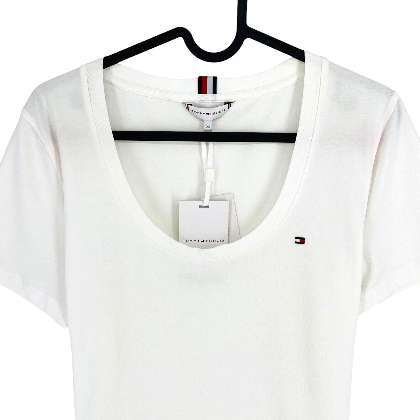 TOMMY HILFIGER Women White Logo Scoop Neck Short Sleeve T Shirt Size XS