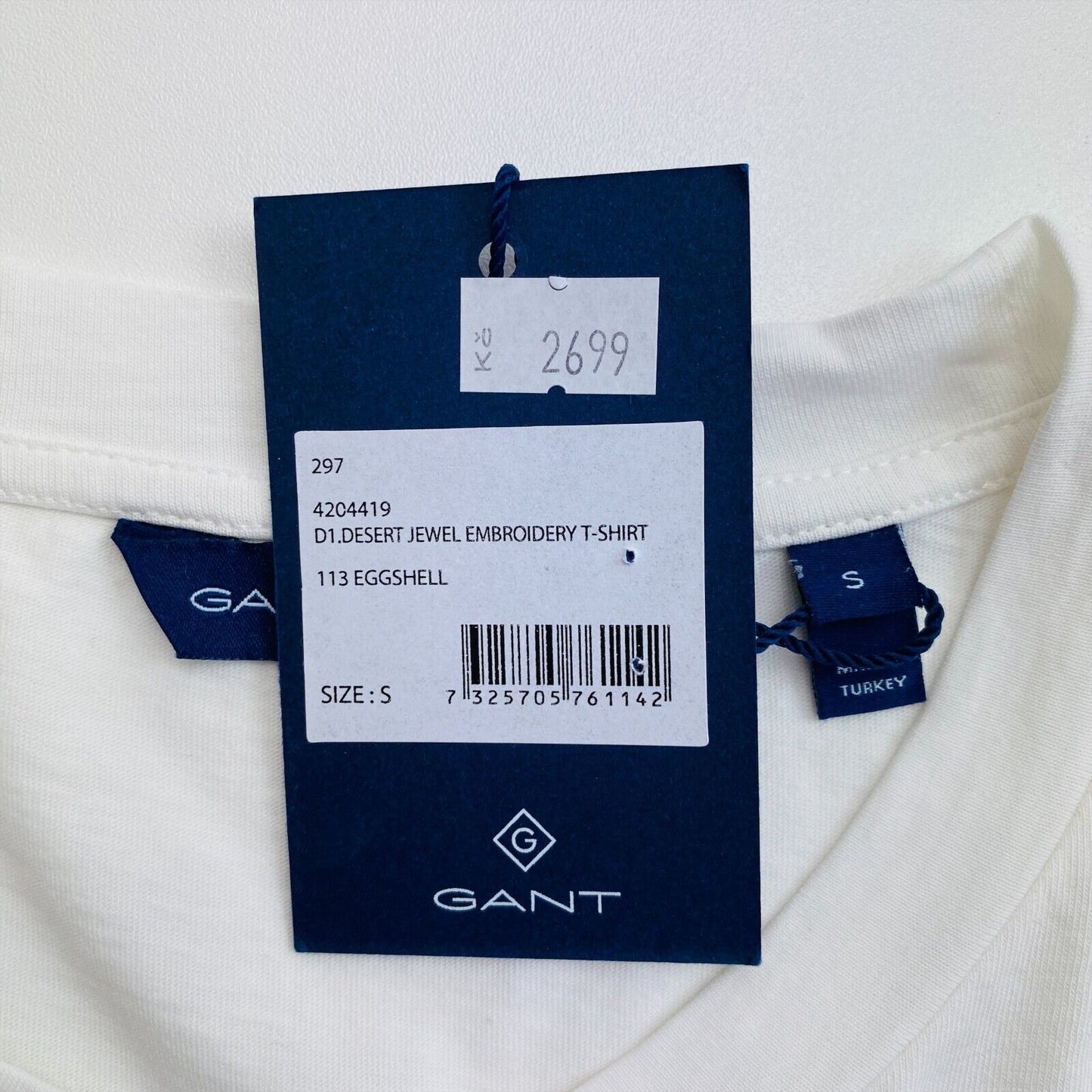 GANT Blanc Desert Jewel Broderie Ras du Cou SS T-shirt Taille S