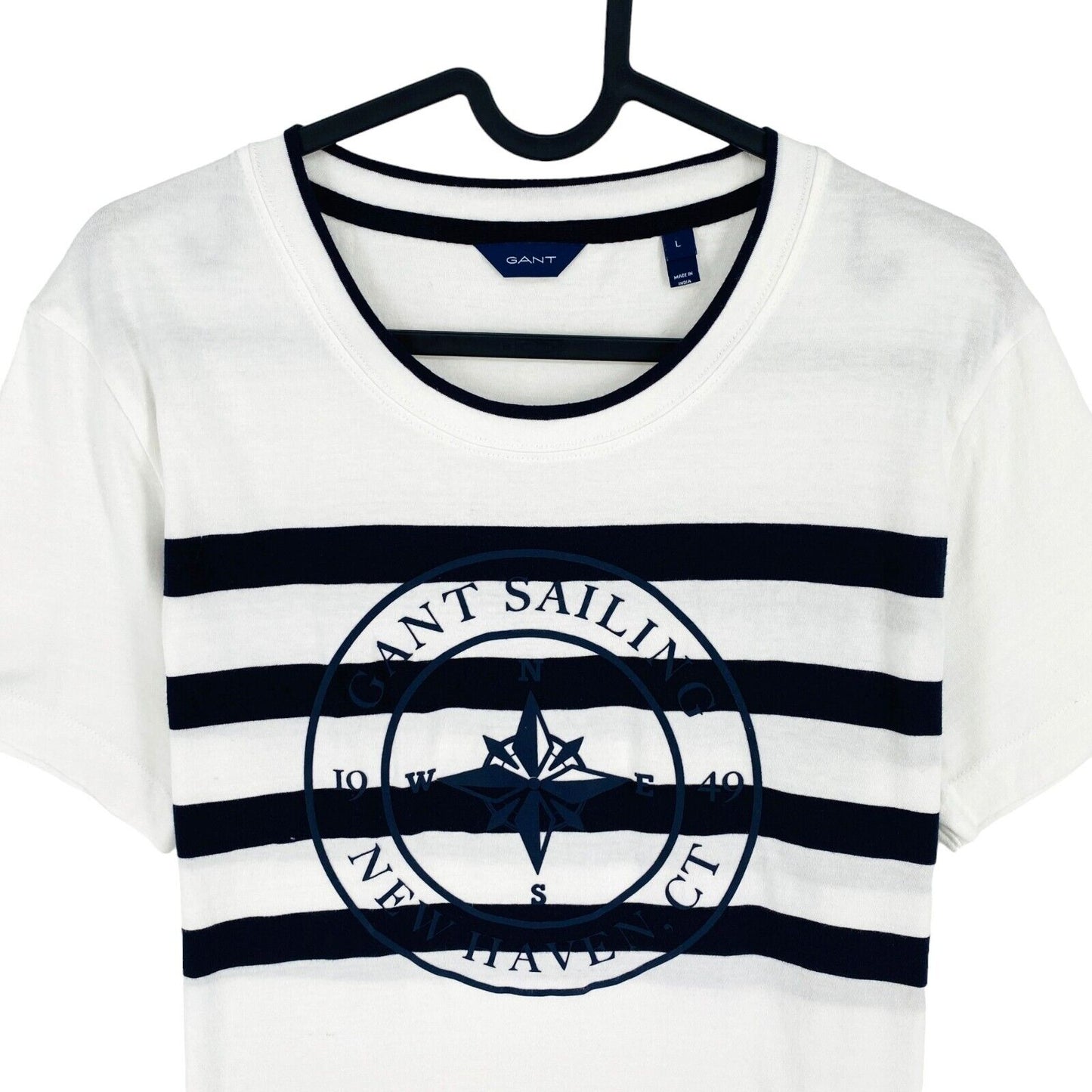 GANT Women White Striped Print Crew Neck SS T Shirt Size L