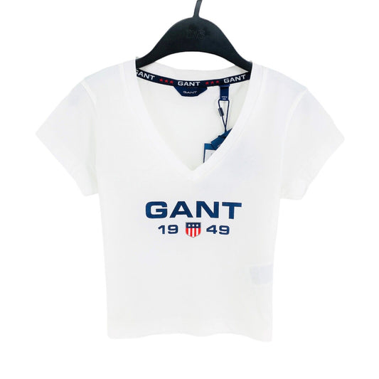 GANT Girls White Retro Shield T-shirt col en V Top Taille 122/128 cm 7-8 ans