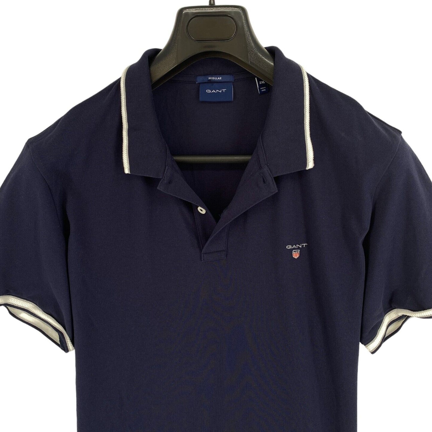 GANT Men Navy Blue Herringbone Tipping Pique Short Sleeve Polo Shirt Size 2XL