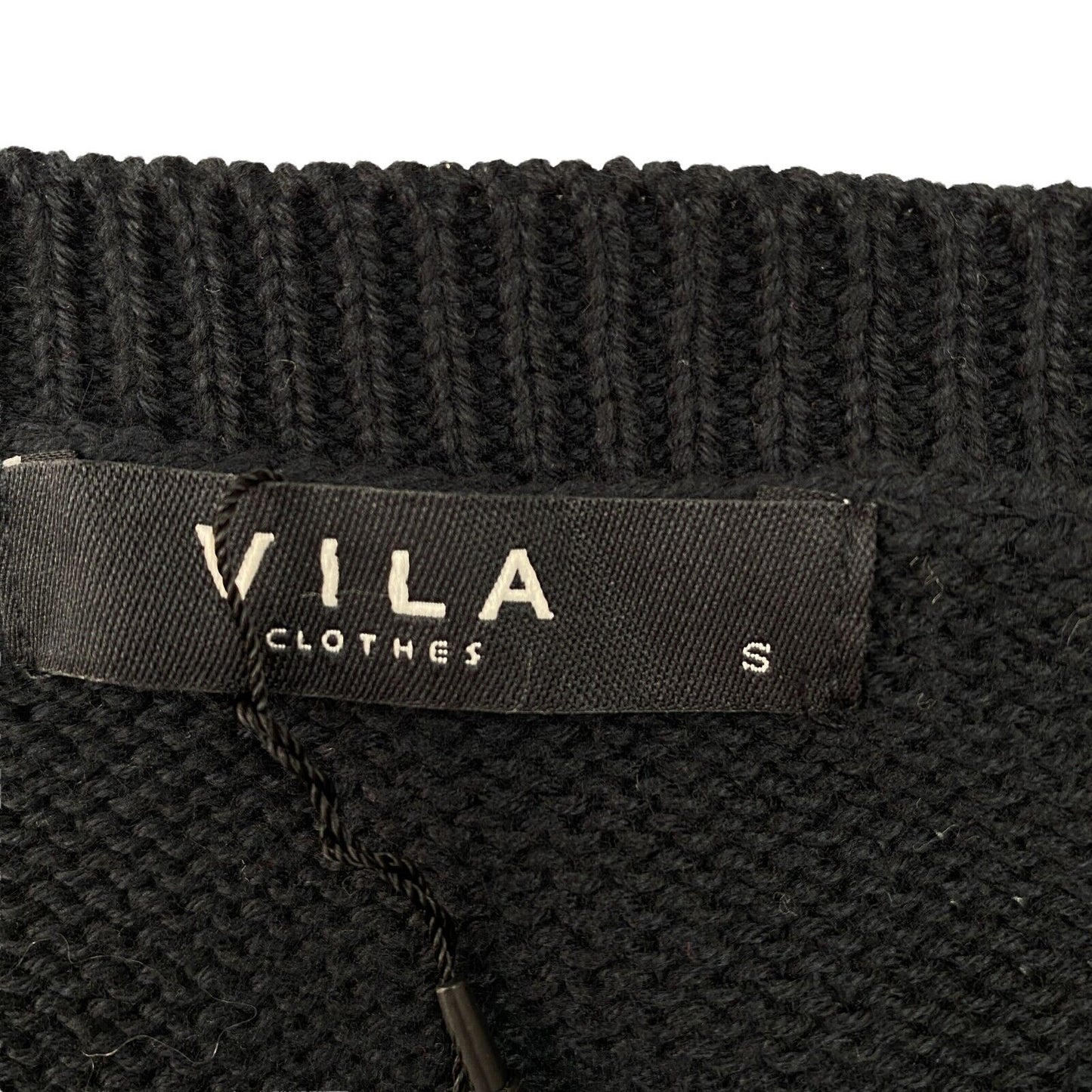 VILA CLOTHES Black Cotton Blend Cable Knit Jumper Sweater Size S