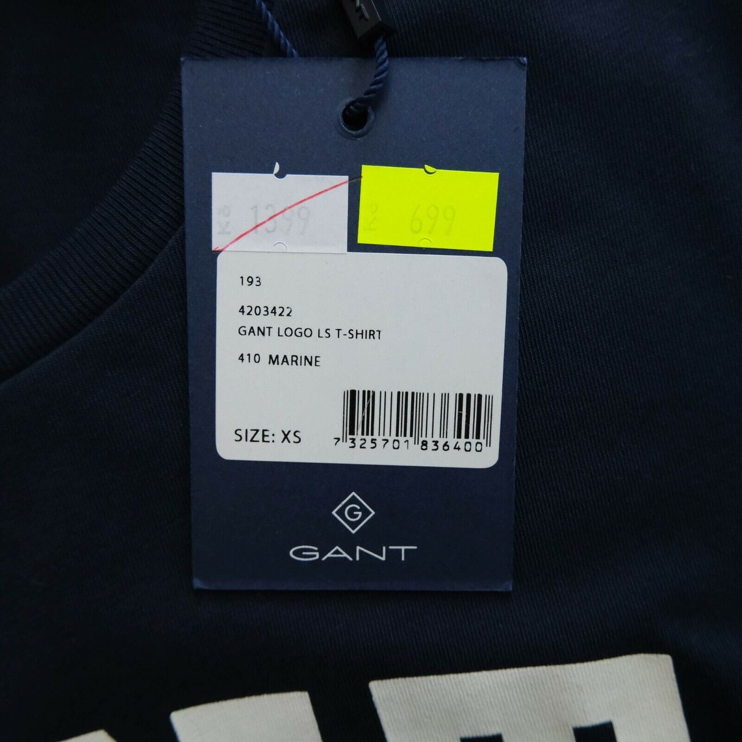 GANT Marineblaues T-Shirt mit großem Logo, Rundhalsausschnitt, lange Ärmel, Größe XS