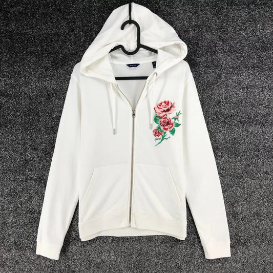 GANT Women White Full Zip Flower Embroidered Hoodie Sweater Jumper Size M