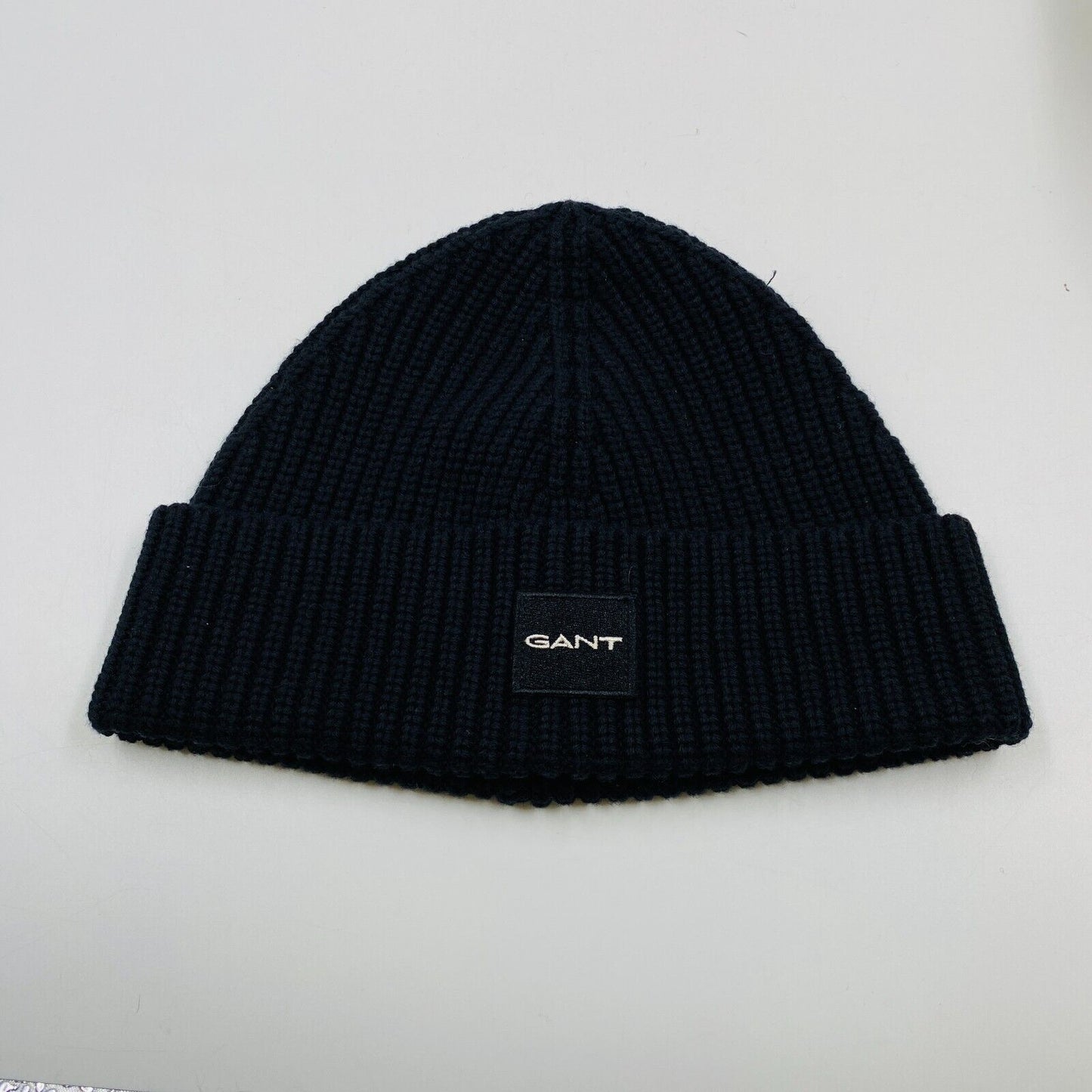 GANT Unisex Adult Black Cotton Wool Blend Rib Knit Beanie Winter Hat One Size