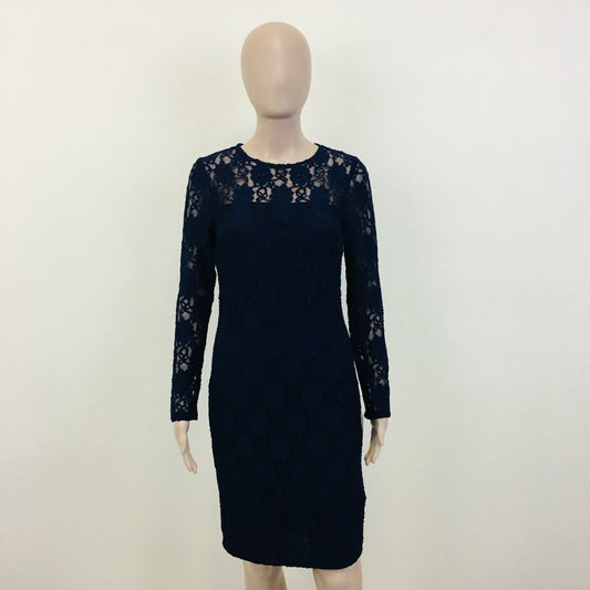 RRP $129 ZARA Dark Blue Long Sleeve Crochet Evening Dress Size S