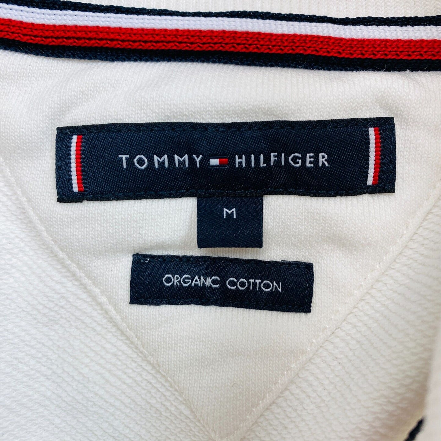 TOMMY HILFIGER White Large Flag Zip Mock Neck Sweater Jumper Size M