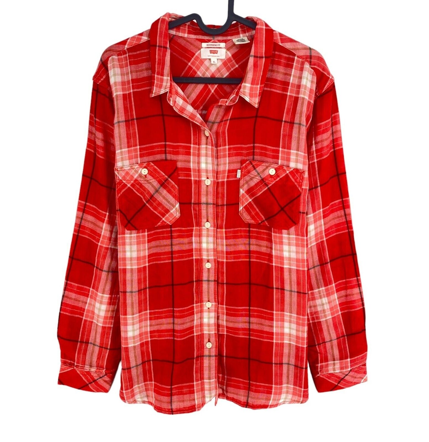 Levi`s Women Red Plaid Boyfriend Fit Long Sleeves Shirt Size XL