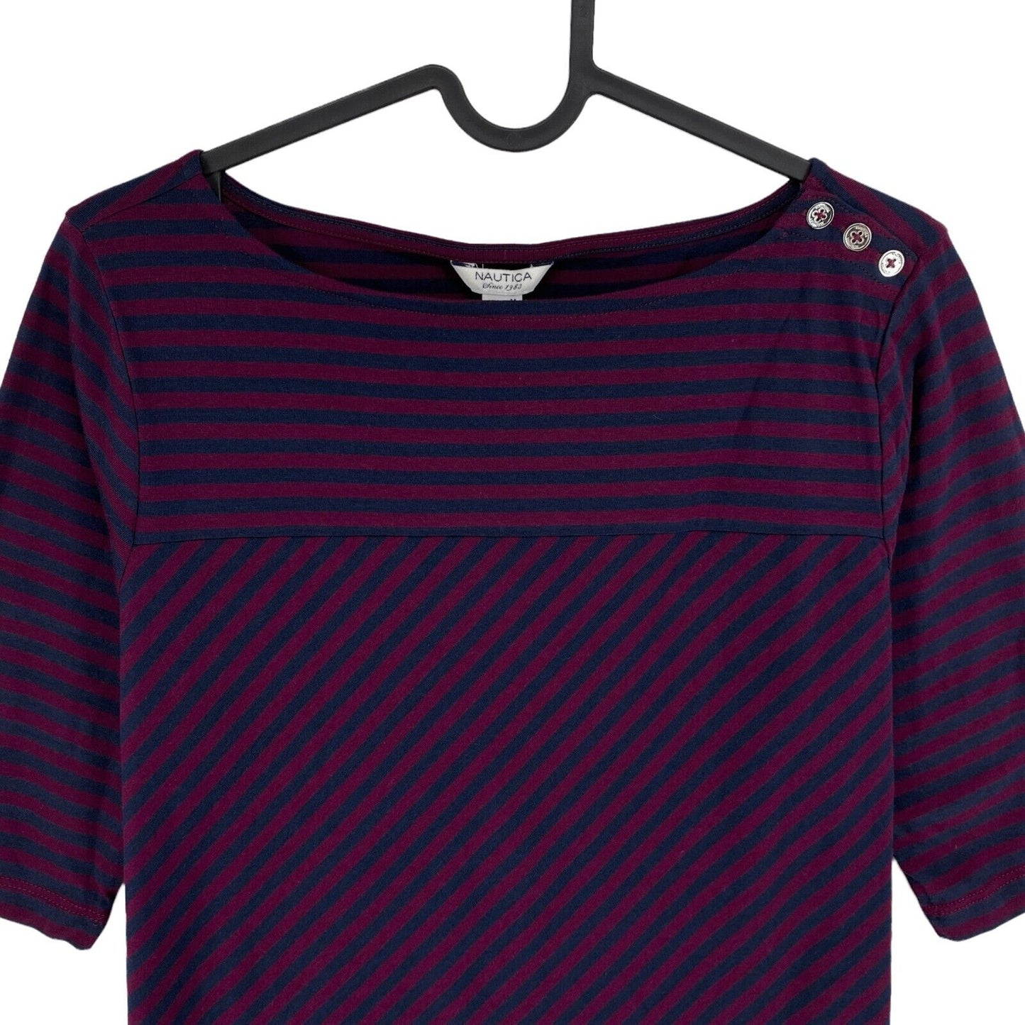 NAUTICA Navy Blue Striped Boat Neck T Shirt Size L