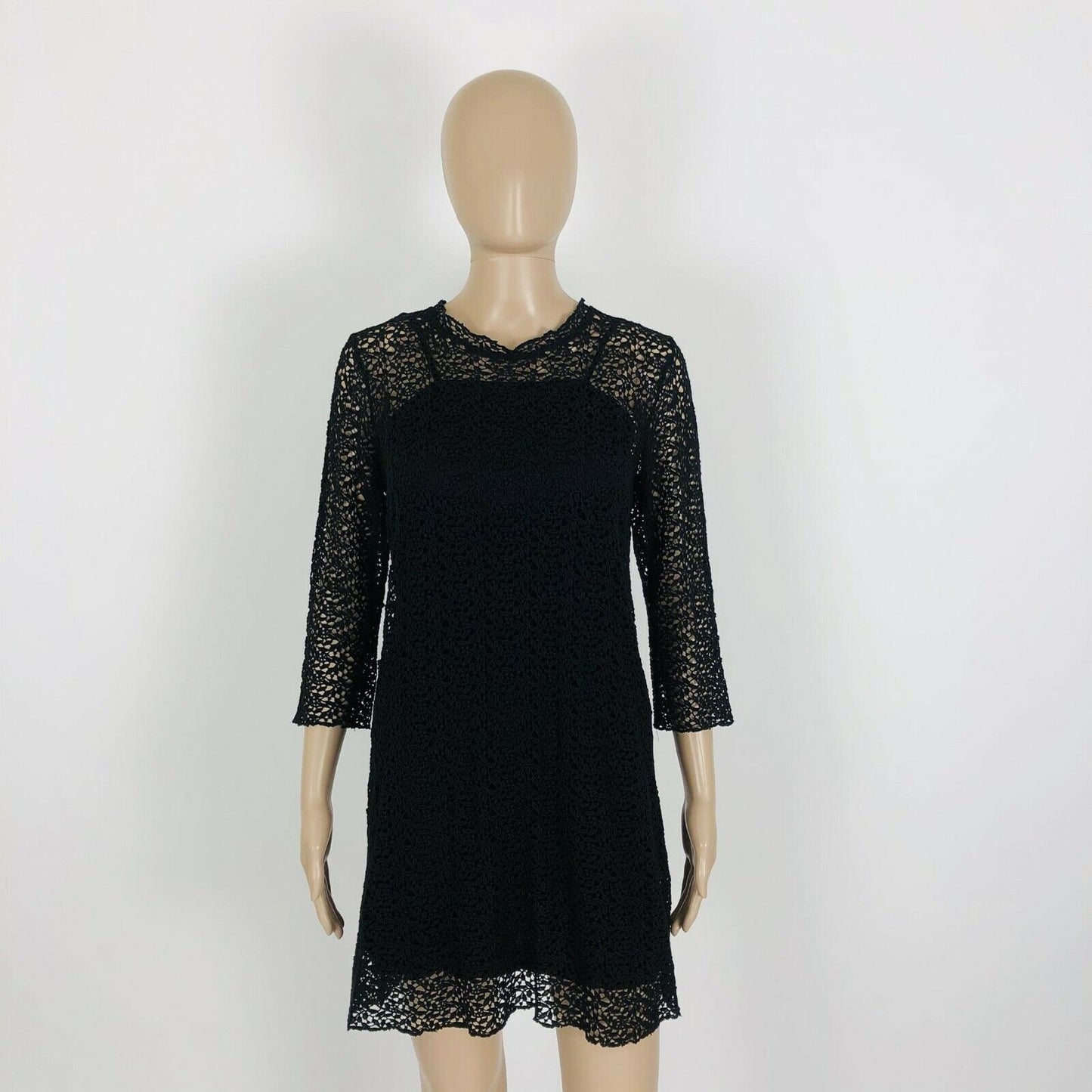 RRP $139 ZARA Black Long Sleeve Crochet Evening Dress Size S