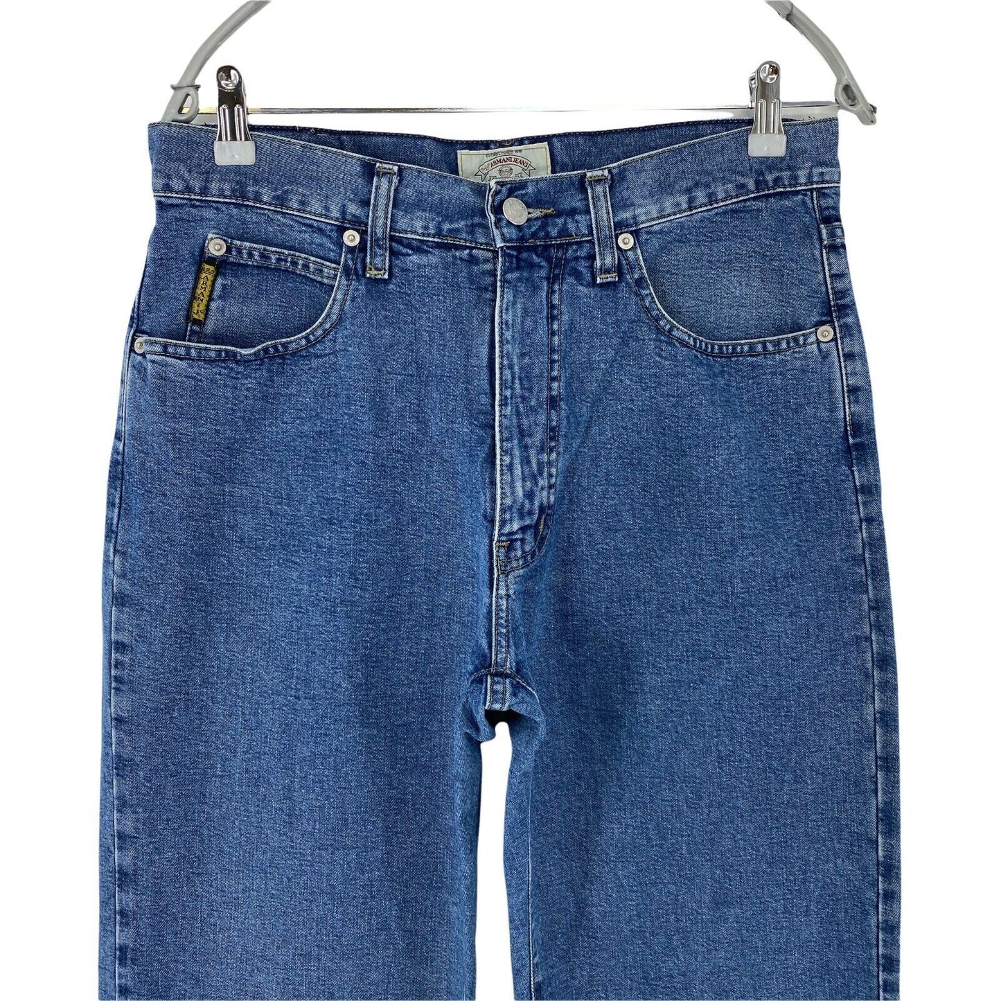 ARMANI JEANS Damen Blaue, entspannte, gerade geschnittene Mom-Jeans W33, hergestellt in Italien