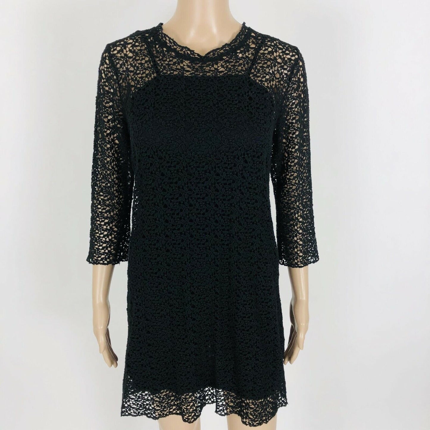 RRP $139 ZARA Black Long Sleeve Crochet Evening Dress Size S