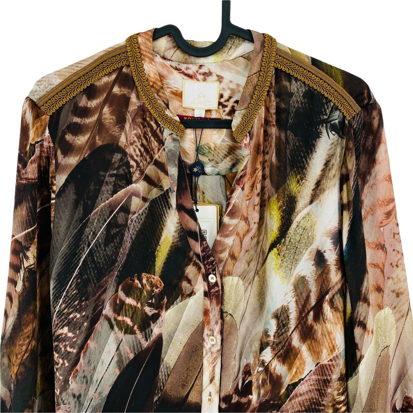 LA MARTINA Royal Box Brown Feather Print 100% Silk Shirt Size 3 / M 6 / XXL