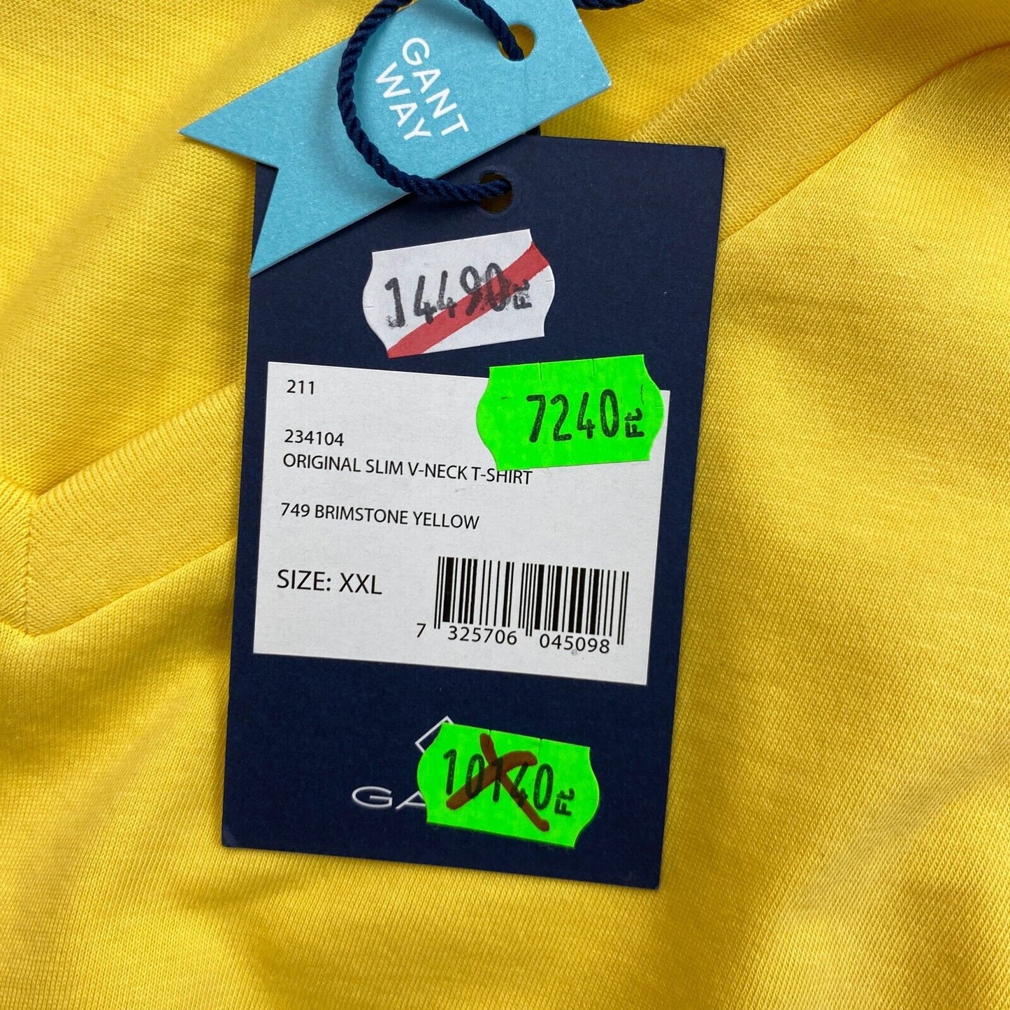 GANT Yellow Original Slim Fit V Neck Short Sleeves T Shirt Size 2XL XXL