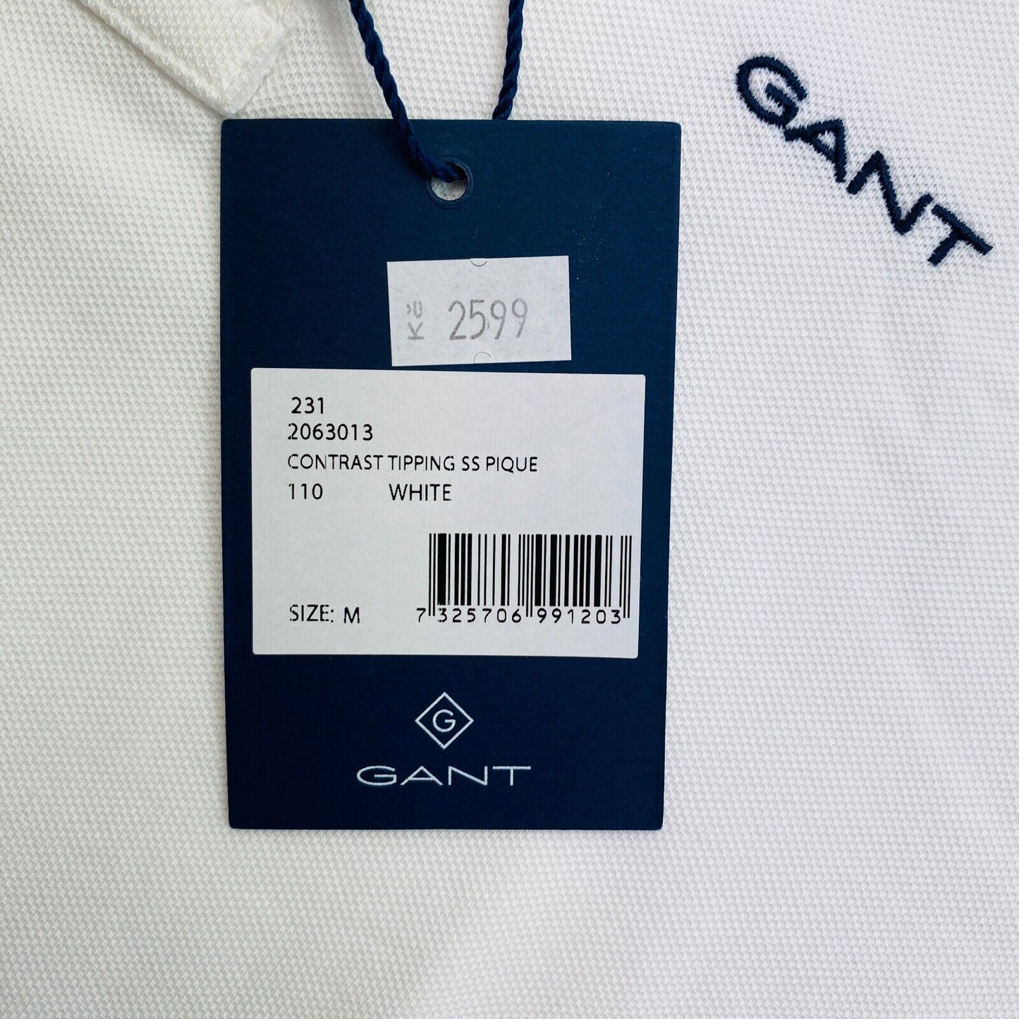 GANT Men White Contrast Tipping Pique Short Sleeve Polo Shirt Size M