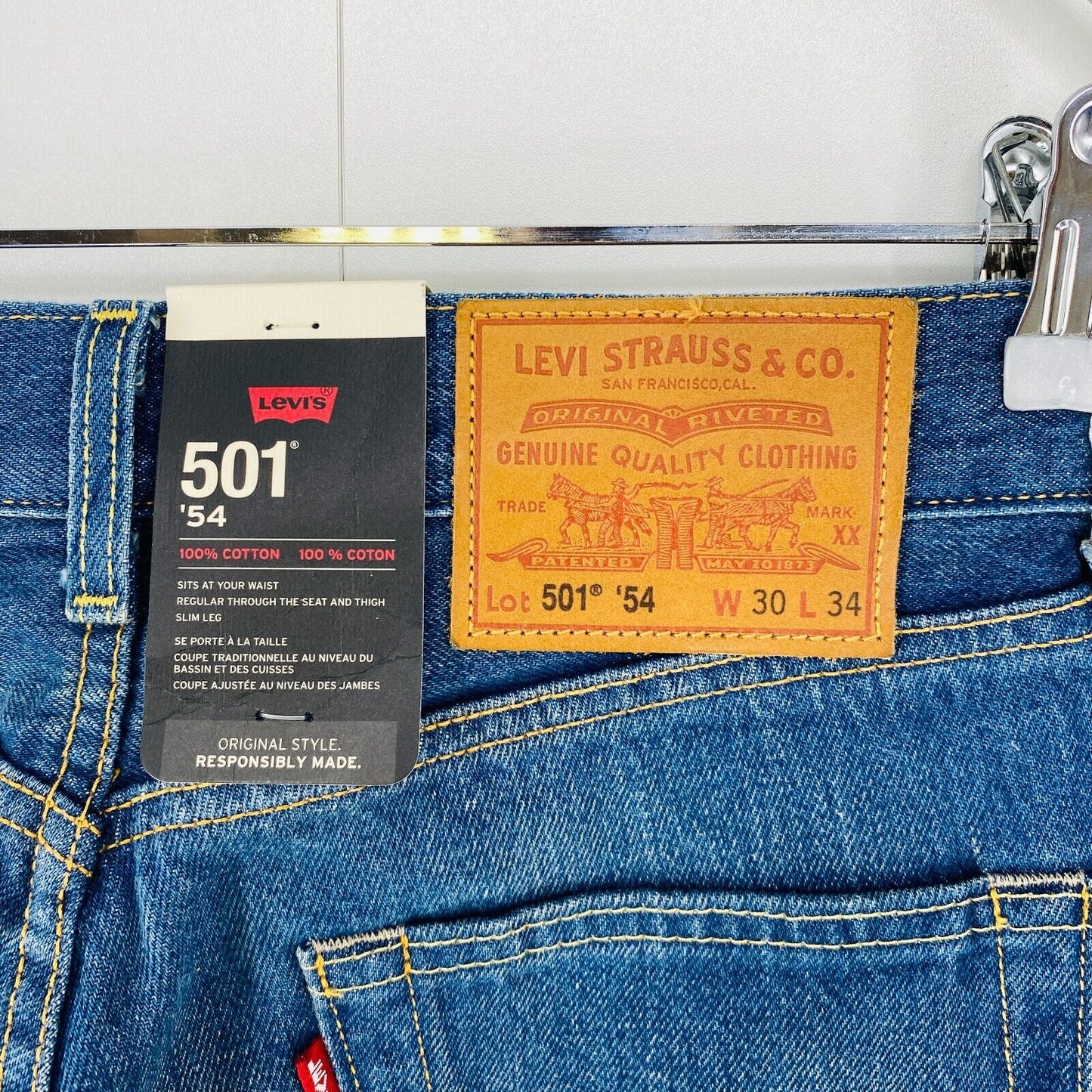 Levi's Premium '54 501 Mens Blue Regular Slim Leg Fit Stained Jeans W30 L34