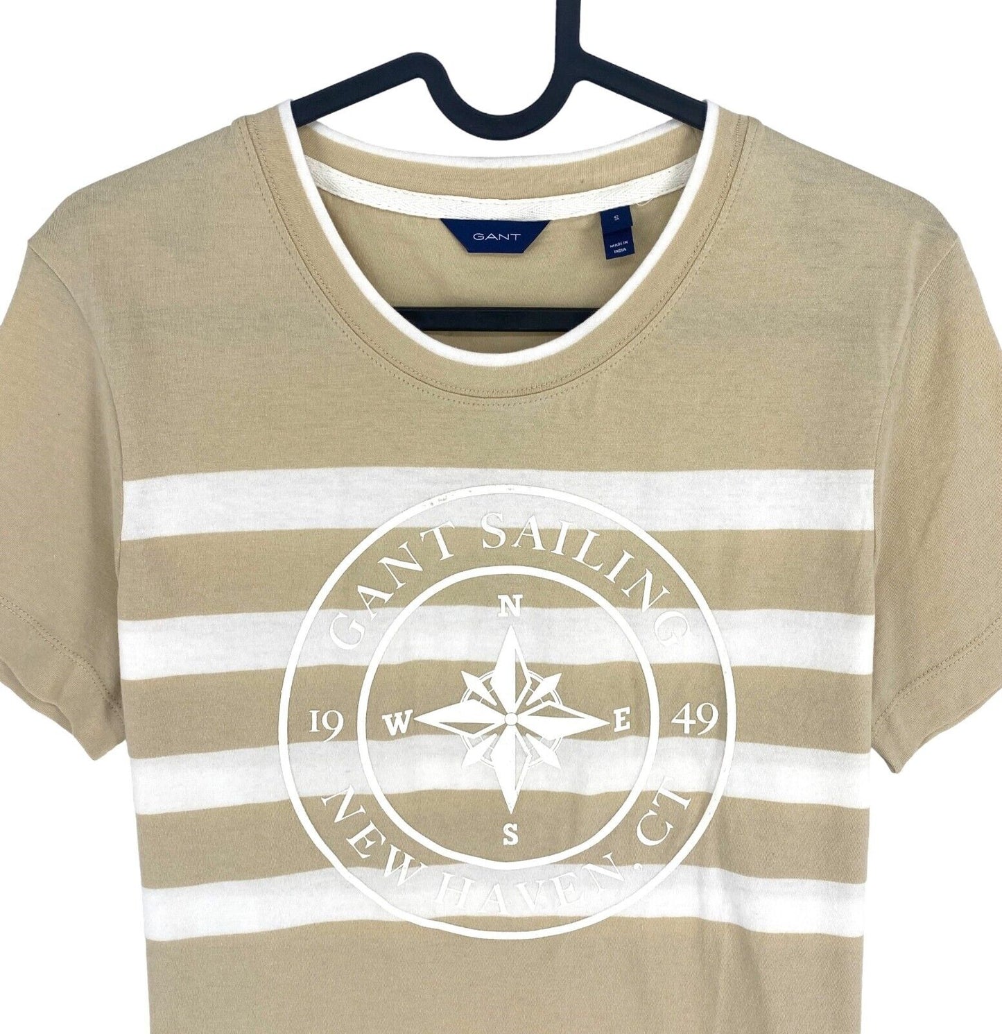 GANT Women Beige Printed Striped Crew Neck Short Sleeve T Shirt Size S