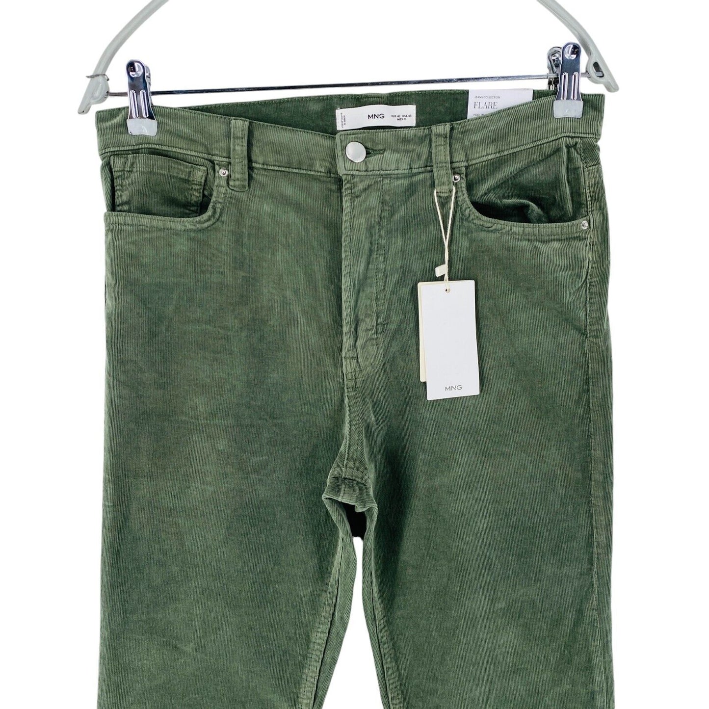 MANGO Women Green High Waist Flare Fit Cropped Corduroy Trousers Jeans EU 42 W30