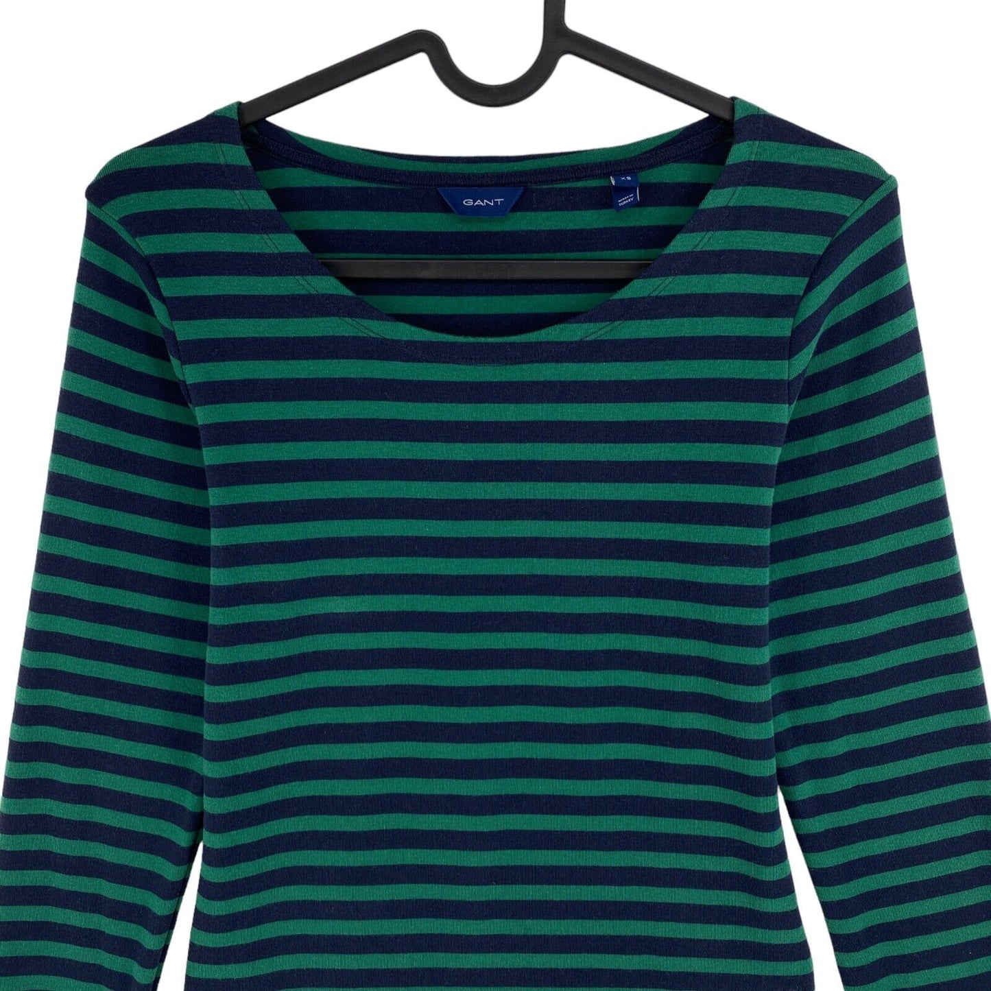 GANT Green Striped 1x1 Rib Long Sleeves Scoop Neck T Shirt Size XS