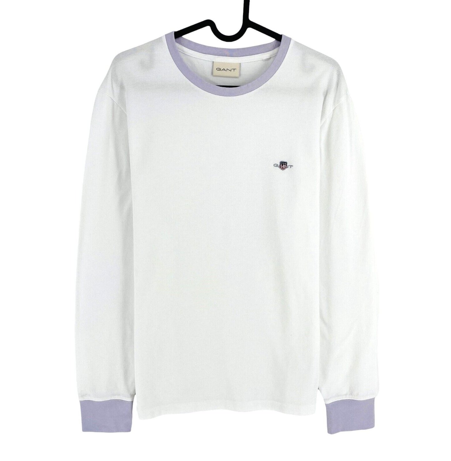 GANT Men White Pique Crew Neck Long Sleeves T Shirt Size M