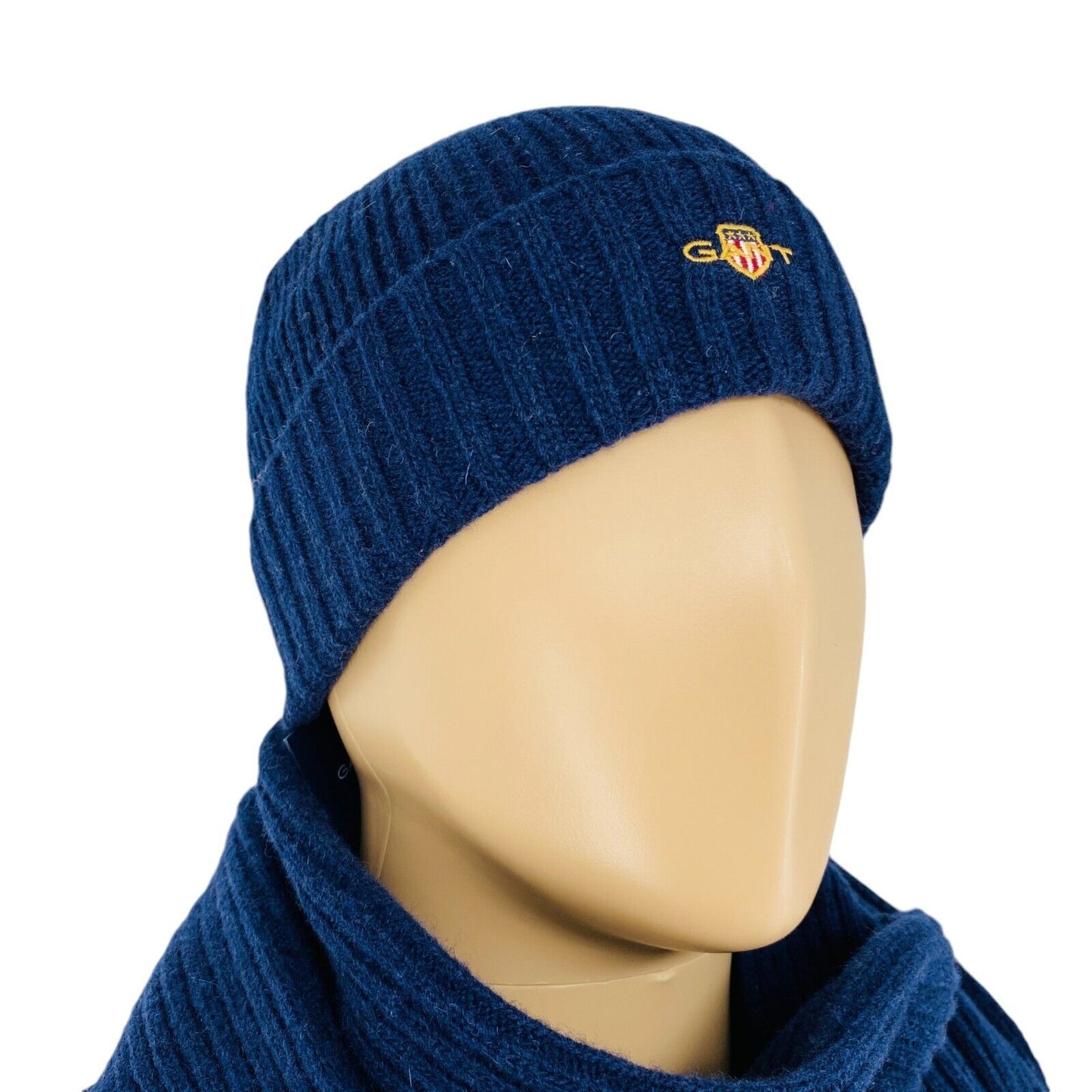 GANT Dark Blue Unisex Teen Wool Knit Hat Beanie Scarf Gift Set Size L - XL