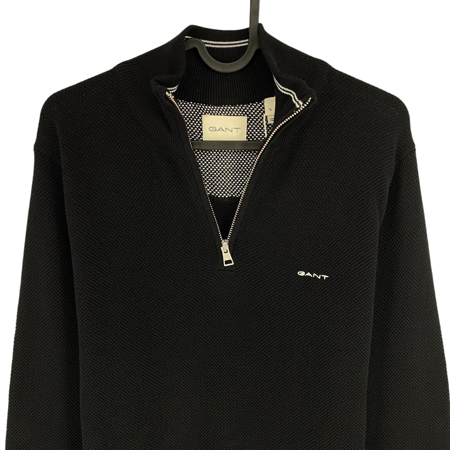 GANT Men Black Cotton Pique Half Zip Sweater Pullover Size S