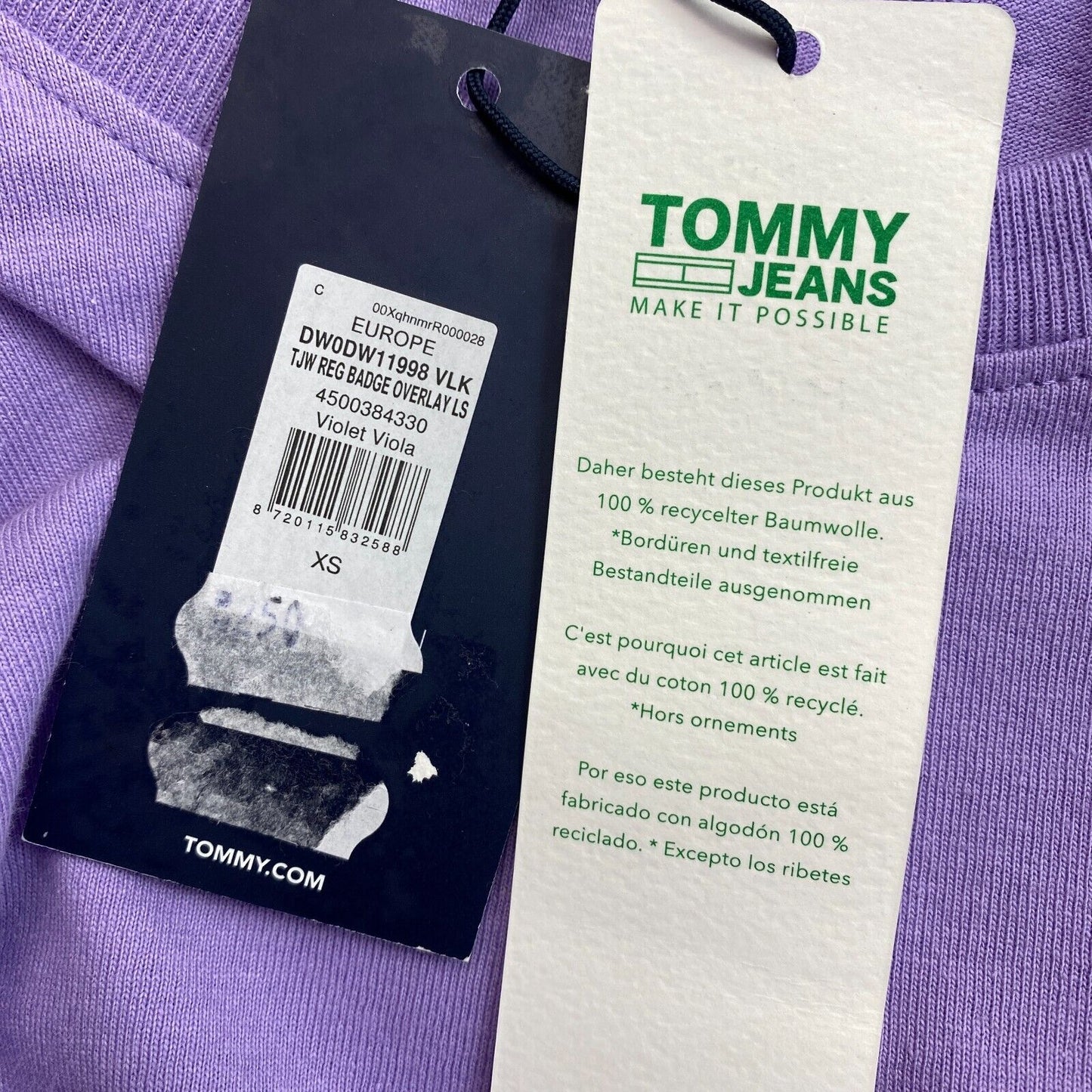 TOMMY HILFIGER JEANS Lila Reg Badge Overlay Langärmliges T-Shirt Größe XS